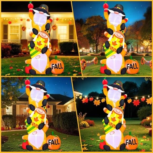 6FT Thanksgiving Inflatables Decorations Blow Up Three Gnomes with Pumpkin - Picture 3 of 7